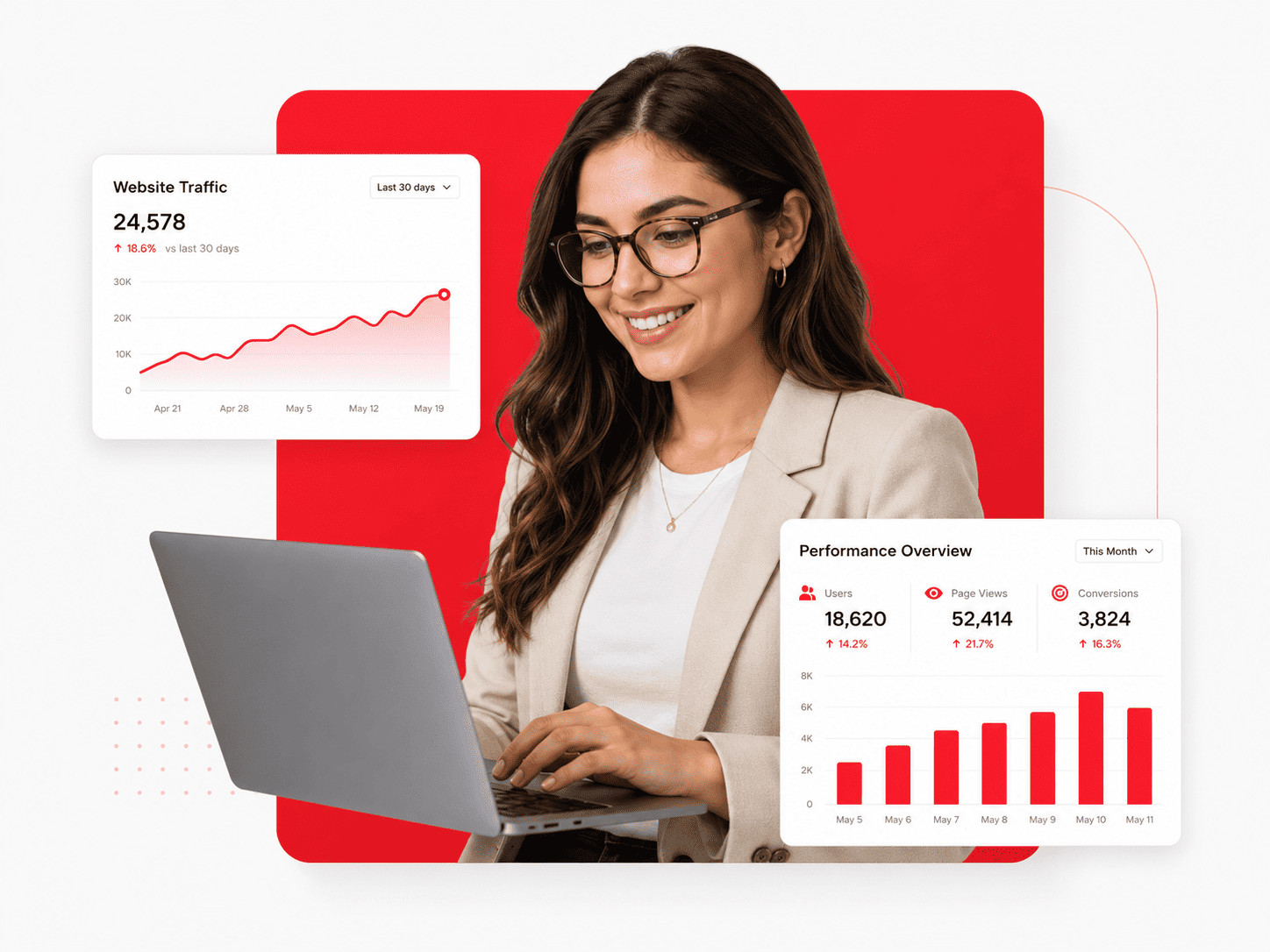 Business professional using laptop with lead generation analytics dashboard