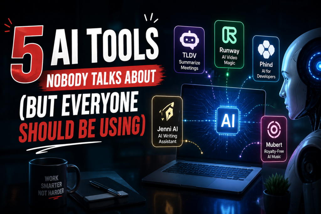 5 AI Tools Nobody Talks About (But Everyone Should Be Using) featured image showing a futuristic AI workspace with a robot, laptop, and popular AI tools for productivity and automation.
