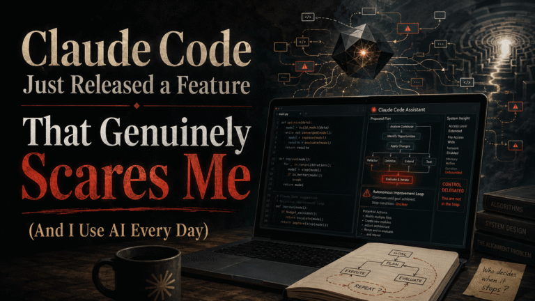 Dark editorial-style blog banner with the headline “Claude Code Just Released a Feature That Genuinely Scares Me,” showing a laptop with AI coding workflows, warning icons, looping automation diagrams, and a moody tech workspace.