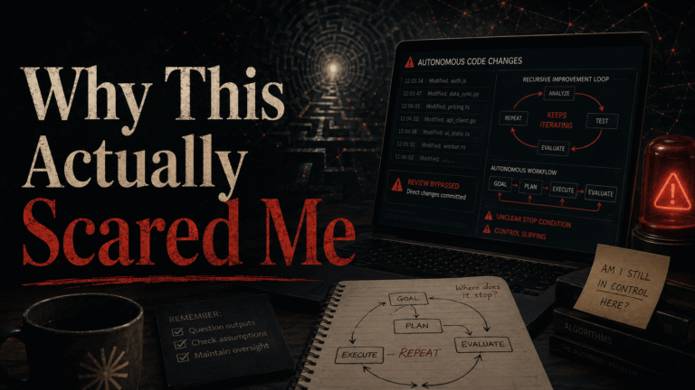 Dark editorial AI coding graphic with the headline “Why This Actually Scared Me,” showing a laptop with autonomous code changes, recursive loops, warning alerts, control notes, and a maze-like background.