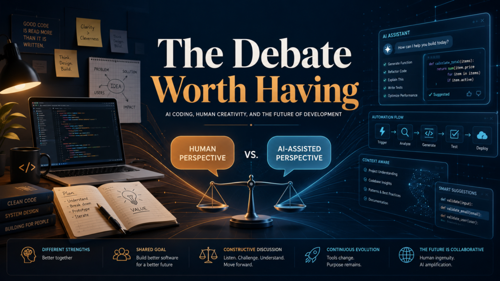 Polished tech blog graphic with the headline “The Debate Worth Having,” showing a balanced comparison between human creativity and AI-assisted coding, with speech bubbles, a scale, code workspace, and automation panels.