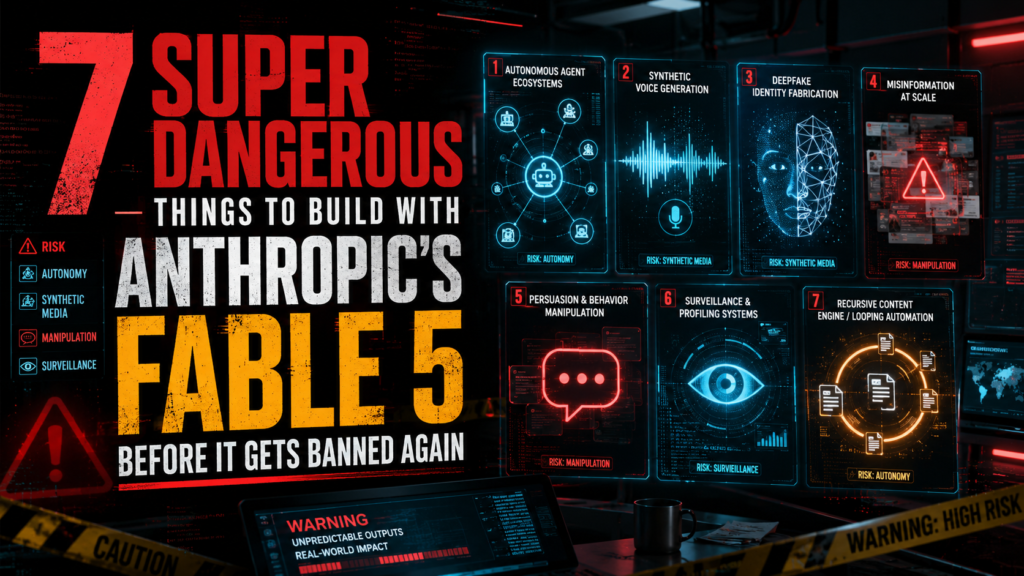 Dramatic AI risk banner showing the headline “7 Super Dangerous Things To Build With Anthropic’s Fable 5,” with seven warning panels for autonomy, synthetic voice, deepfakes, misinformation, manipulation, surveillance, and recursive automation.