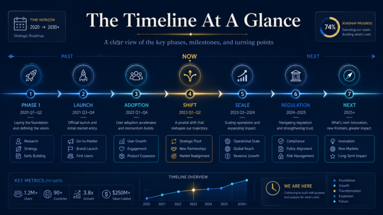 Professional roadmap timeline banner with the headline “The Timeline At A Glance,” showing seven milestone phases from past to next, including launch, adoption, shift, scale, regulation, and future growth.