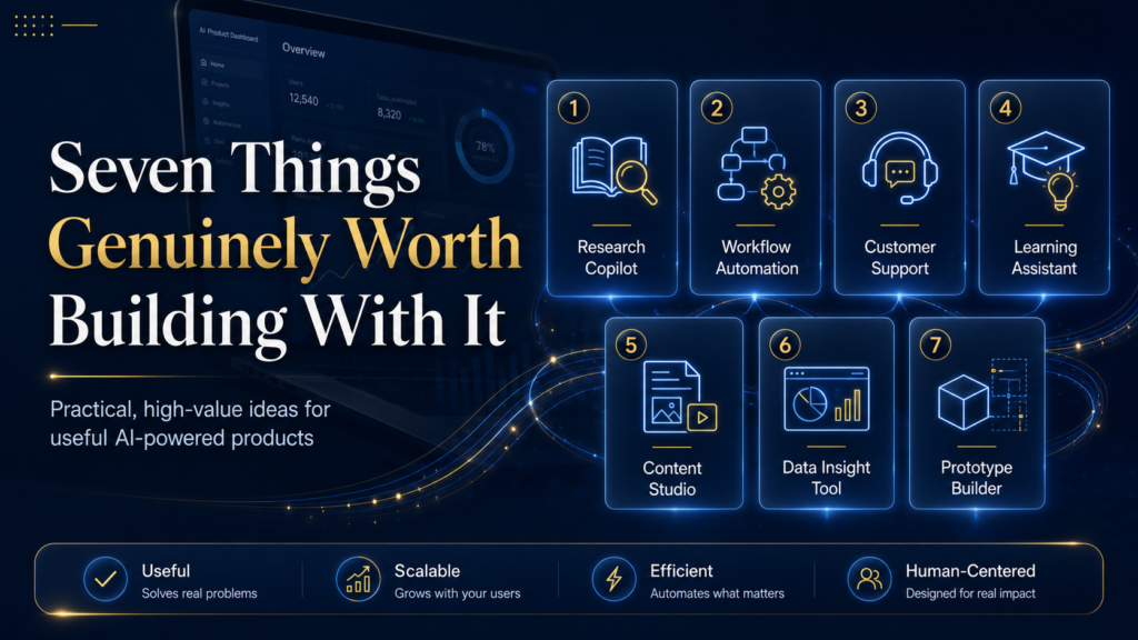 Professional tech banner with the headline “Seven Things Genuinely Worth Building With It,” showing seven AI product idea cards for research copilots, workflow automation, customer support, learning assistants, content studios, data insight tools, and prototype builders.