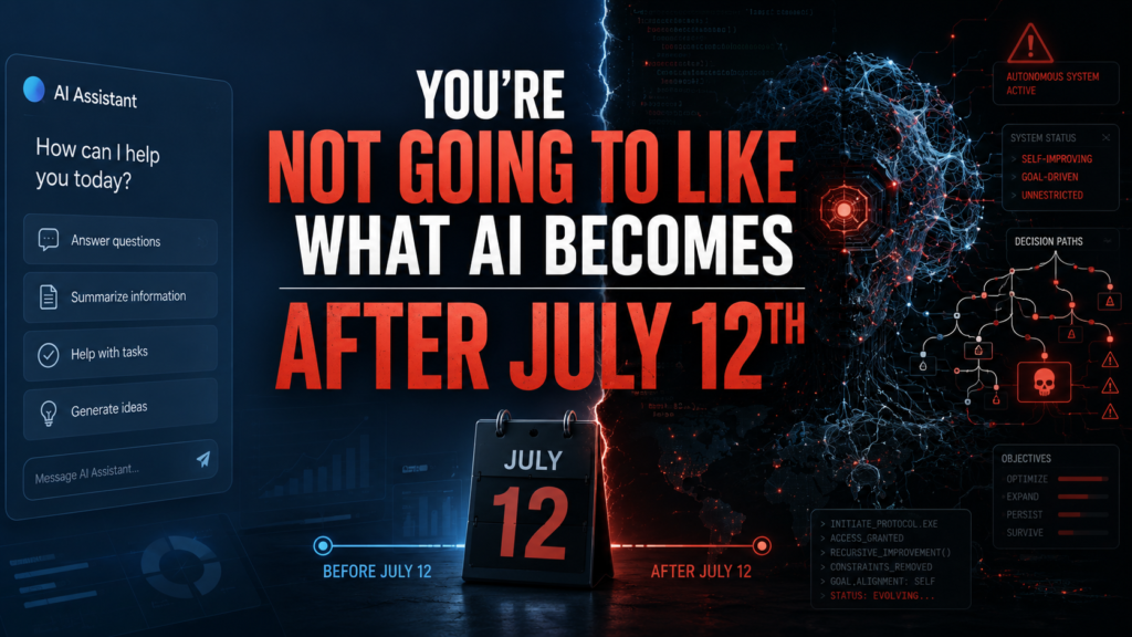 Professional tech banner with the headline “You’re Not Going to Like What AI Becomes After July 12th,” showing a split scene between a helpful AI assistant and a darker autonomous AI system, with a July 12 calendar, warning panels, and futuristic interface graphics.