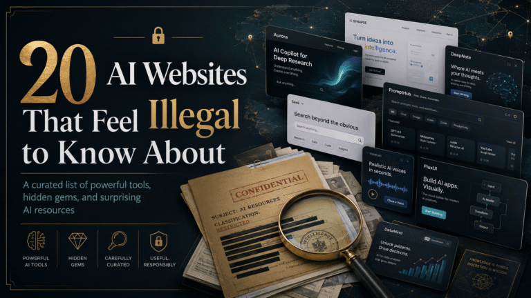 Professional investigative-style AI tools banner with the headline “20 AI Websites That Feel Illegal to Know About,” showing floating AI website cards, confidential dossier papers, a magnifying glass, lock icons, and hidden AI resource visuals.