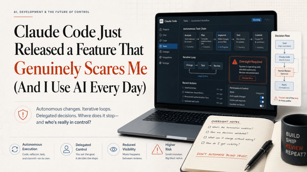 Professional editorial blog banner showing the headline “Claude Code Just Released a Feature That Genuinely Scares Me,” with a laptop displaying automated AI coding workflows, oversight warnings, decision flow diagrams, and control-risk notes.