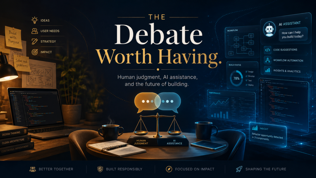 Professional tech banner with the headline “The Debate Worth Having,” showing a balanced discussion between human judgment and AI assistance, with a central scale, speech bubbles, coding workspace, AI assistant panels, and strategy notes.