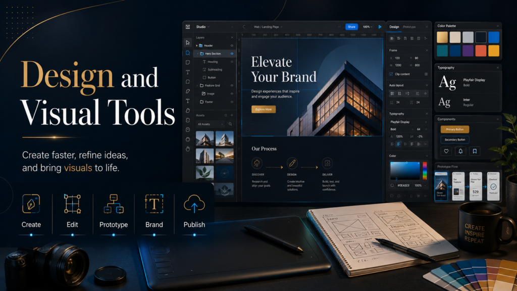 Professional creative-tech banner with the headline “Design and Visual Tools,” showing a modern design software interface, visual editor canvas, color palettes, typography panels, prototype flow cards, sketchbook wireframes, stylus tablet, and creative workspace elements.