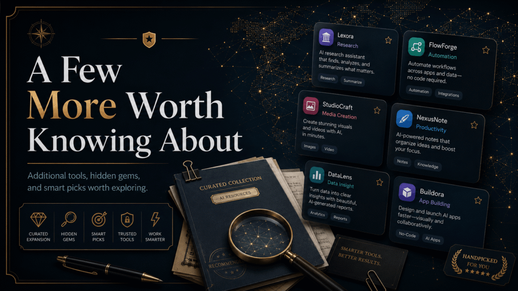 Professional dark editorial AI tools banner with the headline “A Few More Worth Knowing About,” showing curated AI resource cards, a magnifying glass, notebook, gold network map, and premium recommendation-style tool panels.