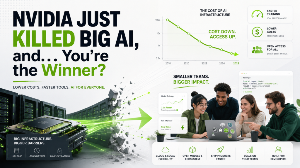 Professional AI infrastructure banner with the headline “NVIDIA Just Killed Big AI, and You’re the Winner,” showing falling AI infrastructure costs, green performance charts, data center hardware, and a small team building with AI tools.