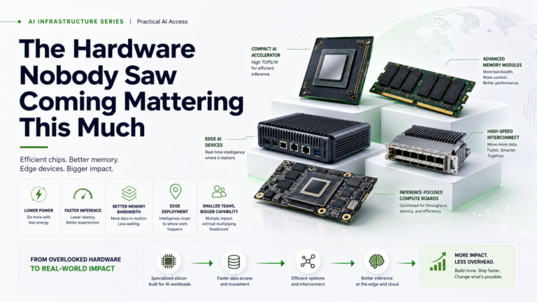 Professional AI infrastructure banner with the headline “The Hardware Nobody Saw Coming Mattering This Much,” showing compact AI accelerator chips, memory modules, edge AI devices, interconnect hardware, compute boards, and green performance callouts.