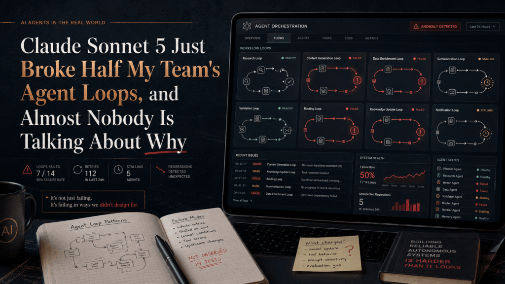 Professional dark editorial AI banner with the headline “Claude Sonnet 5 Just Broke Half My Team’s Agent Loops,” showing an agent orchestration dashboard with failed workflow loops, anomaly warnings, system health charts, failure logs, and handwritten debugging notes.