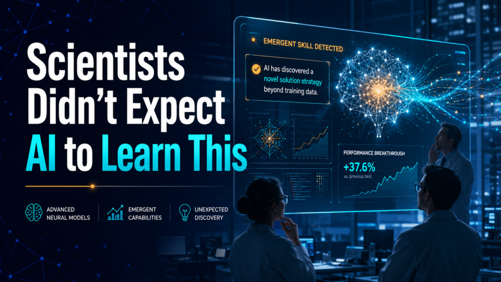 Professional AI research banner with the headline “Scientists Didn’t Expect AI to Learn This,” showing scientists observing a glowing neural network dashboard, emergent skill detection, performance breakthrough charts, and unexpected AI learning signals.