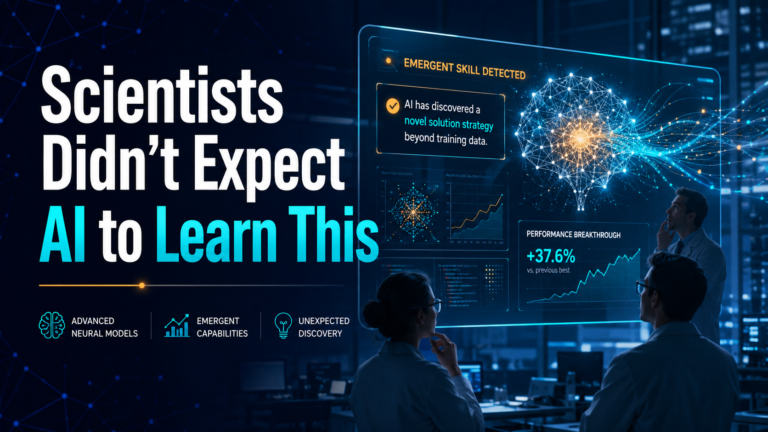 Professional AI research banner with the headline “Scientists Didn’t Expect AI to Learn This,” showing scientists observing a glowing neural network dashboard, emergent skill detection, performance breakthrough charts, and unexpected AI learning signals.