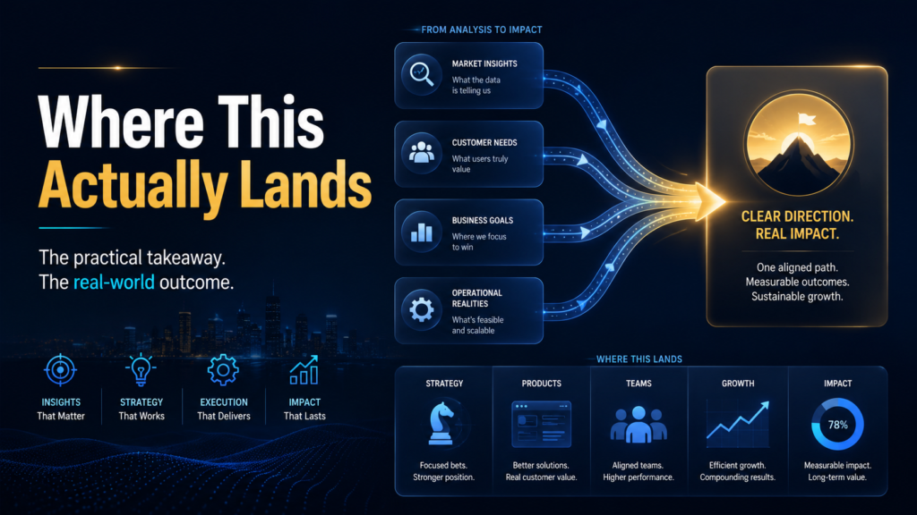 Professional strategy and impact banner with the headline “Where This Actually Lands,” showing market insights, customer needs, business goals, and operational realities flowing into clear direction, real impact, strategy, products, teams, growth, and measurable outcomes.