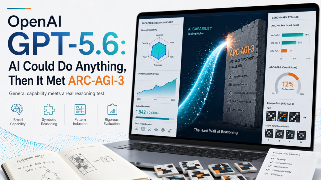 Professional AI benchmark banner with the headline “OpenAI GPT-5.6: AI Could Do Anything, Then It Met ARC-AGI-3,” showing an AI capability dashboard, reasoning test results, abstract puzzle tiles, performance charts, and a large ARC-AGI-3 reasoning challenge wall.