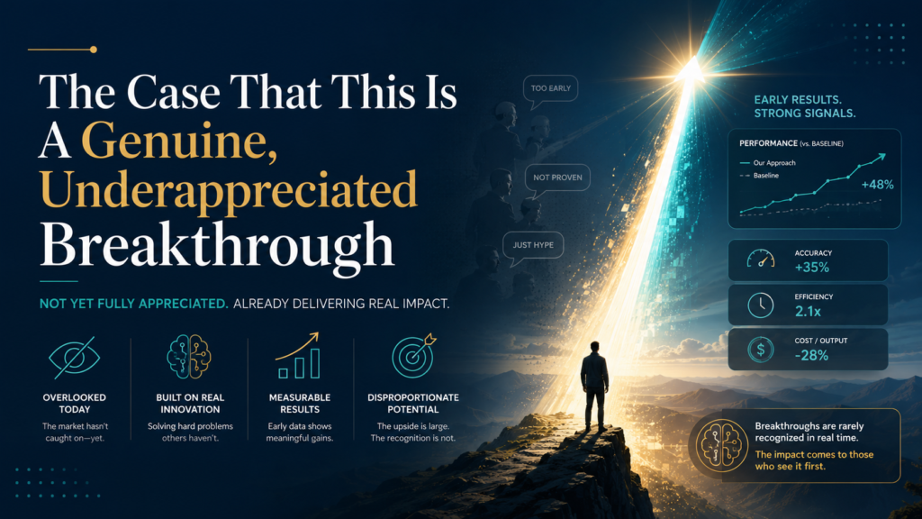 Professional breakthrough-themed technology banner with the headline “The Case That This Is A Genuine, Underappreciated Breakthrough,” showing a person facing a powerful beam of light, performance metrics, early results, skepticism labels, and innovation impact visuals.