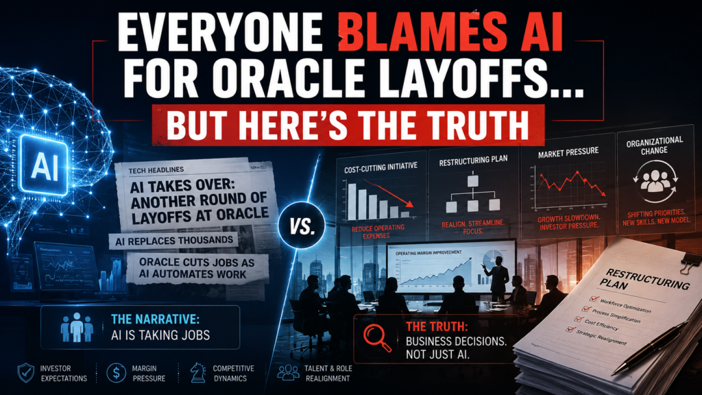 Professional tech business banner with the headline “Everyone Blames AI for Oracle Layoffs, But Here’s the Truth,” showing AI takeover headlines contrasted with corporate restructuring, cost cutting, market pressure, organizational change, and business decision panels.