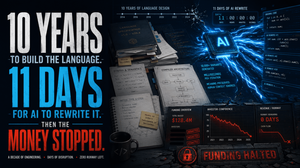 Professional dark tech banner with the headline “10 Years to Build the Language, 11 Days for AI to Rewrite It, Then the Money Stopped,” showing language design documents, code architecture notes, an AI chip rewriting code, falling investor confidence charts, funding halted warning, and zero runway indicators.