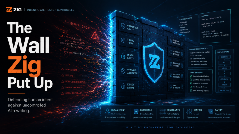 Professional dark tech banner with the headline “The Wall Zig Put Up,” showing a glowing Zig security wall blocking chaotic AI-generated code, with safety panels for strong typing, memory safety, compile-time checks, explicit errors, and controlled engineering principles.