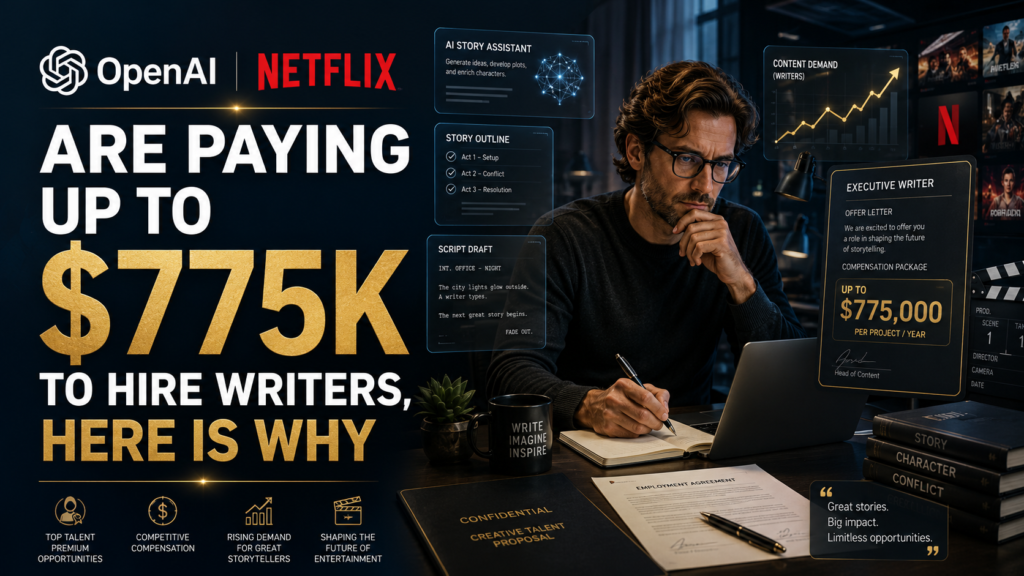 Professional entertainment and AI banner with the headline “OpenAI And Netflix Are Paying Up To $775k To Hire Writers,” showing a writer at a desk, AI story assistant panels, script drafts, Netflix content screens, an executive writer offer letter, and a $775,000 compensation highlight.