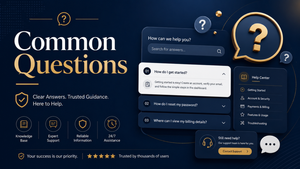 Professional FAQ banner with the headline “Common Questions,” showing a help center interface, search bar, question icons, answer cards, support categories, contact support button, and trusted guidance elements.