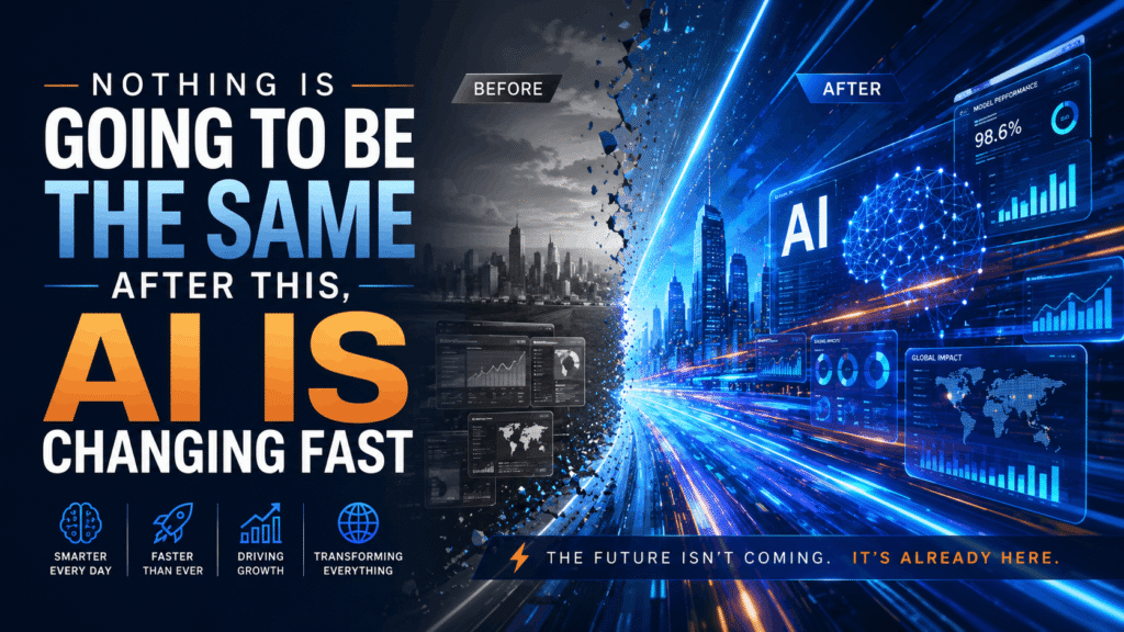 Professional futuristic AI banner with the headline “Nothing Is Going To Be The Same After This, AI Is Changing Fast,” showing a before and after transformation from a dark old city to a fast moving AI powered future with dashboards, neural networks, performance charts, and glowing blue data streams.