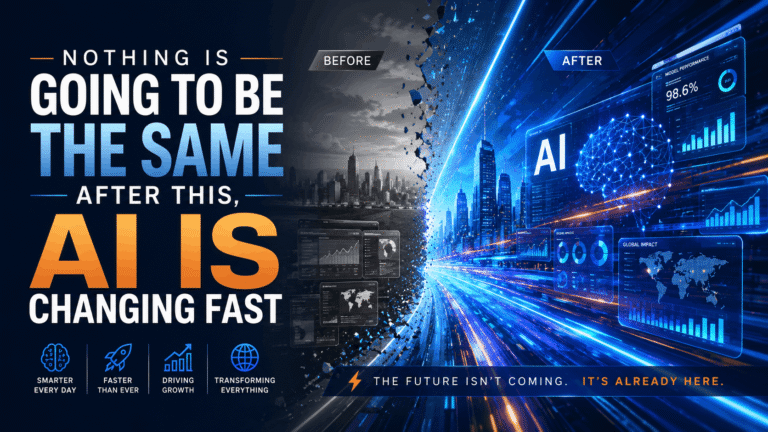 Professional futuristic AI banner with the headline “Nothing Is Going To Be The Same After This, AI Is Changing Fast,” showing a before and after transformation from a dark old city to a fast moving AI powered future with dashboards, neural networks, performance charts, and glowing blue data streams.