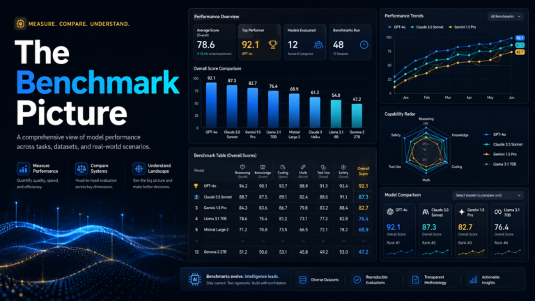 Professional AI benchmark dashboard banner with the headline “The Benchmark Picture,” showing model performance comparisons, benchmark scores, trend charts, capability radar, ranking tables, and AI model comparison cards.