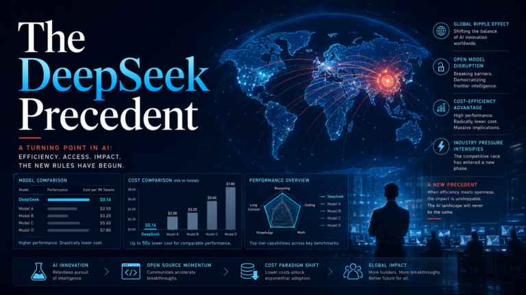 Professional AI disruption banner with the headline “The DeepSeek Precedent,” showing a global ripple effect map, model comparison charts, cost comparison panels, performance overview dashboards, open model disruption, and cost efficiency signals.
