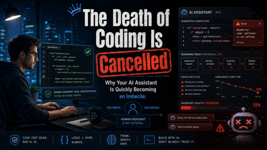 Professional dark tech banner with the headline “The Death of Coding Is Cancelled,” showing a developer reviewing code, an AI assistant producing errors, failed reasoning panels, declining confidence charts, and human oversight warnings.