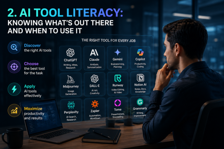 Professional AI tools literacy banner with the headline “AI Tool Literacy,” showing a person reviewing different AI tool cards for ChatGPT, Claude, Gemini, Copilot, Midjourney, DALL-E, Runway, Notion AI, Perplexity, Zapier, Tome, and Grammarly.