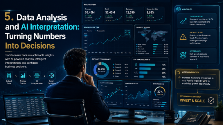 Professional AI data analysis banner with the headline “Data Analysis and AI Interpretation,” showing business dashboards, KPI cards, revenue charts, sales by region, customer segments, anomaly alerts, AI insights, and a recommended decision panel.