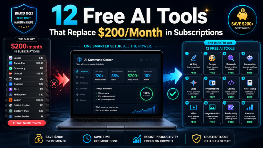 Professional AI tools banner with the headline “12 Free AI Tools That Replace $200/Month in Subscriptions,” showing paid subscription costs compared with a smarter free AI tools setup for writing, design, research, automation, voice, presentations, coding, notes, video, image generation, productivity, and analytics.