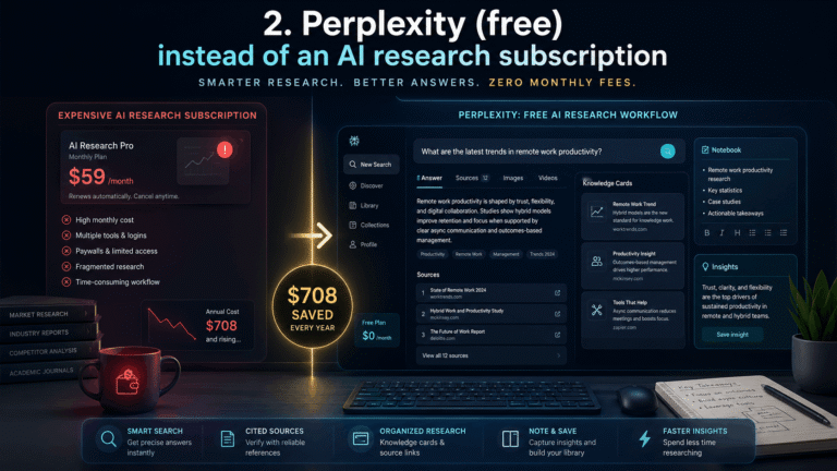 Professional AI research comparison banner with the headline “Perplexity Free instead of an AI research subscription,” showing an expensive paid research plan compared with a free Perplexity research workflow, cited sources, knowledge cards, notes, insights, and yearly savings.