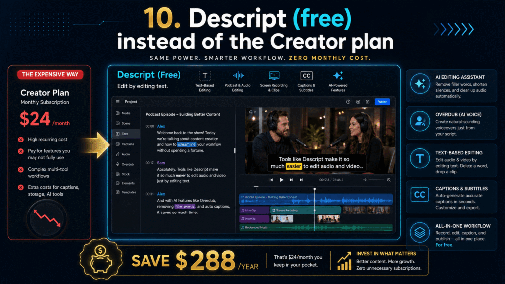 Professional AI video and audio editing banner with the headline “Descript Free instead of the Creator plan,” showing a free Descript editing workflow, podcast timeline, text based editing, captions, subtitles, AI editing assistant, overdub voice feature, and yearly savings.