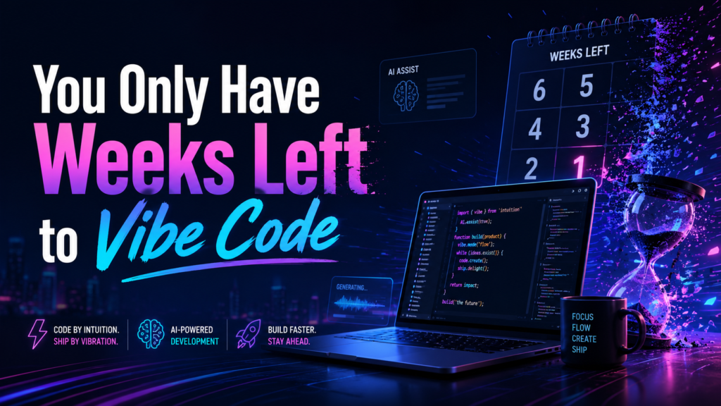 Futuristic tech banner showing bold text “You Only Have Weeks Left to Vibe Code,” a laptop with code, AI interface elements, countdown calendar, and glowing hourglass.