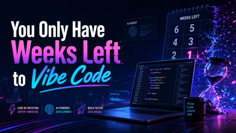 Futuristic tech banner showing bold text “You Only Have Weeks Left to Vibe Code,” a laptop with code, AI interface elements, countdown calendar, and glowing hourglass.