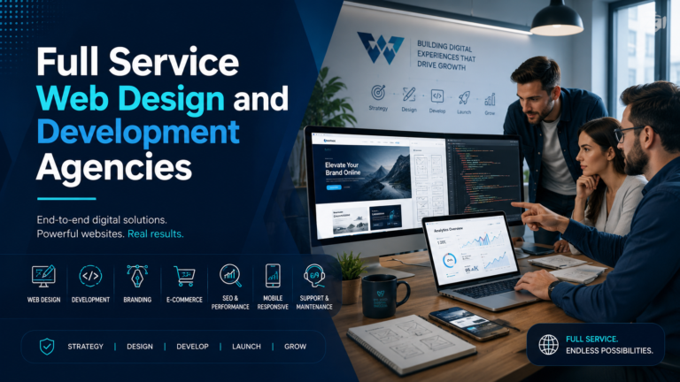 Full service web design and development agency team working on website design, coding, SEO, e-commerce, and digital solutions.