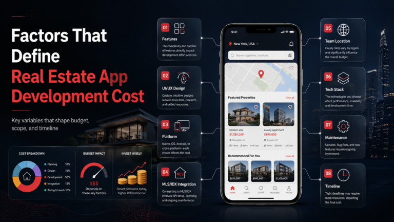 Professional infographic showing the key factors that define real estate app development cost, including features, UI/UX design, platform, MLS/IDX integration, team location, tech stack, maintenance, and timeline.
