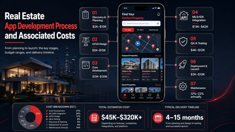 Professional infographic showing the real estate app development process and associated costs, including planning, UI/UX design, development, MLS/IDX integration, testing, launch, maintenance, total cost, and project timeline.
