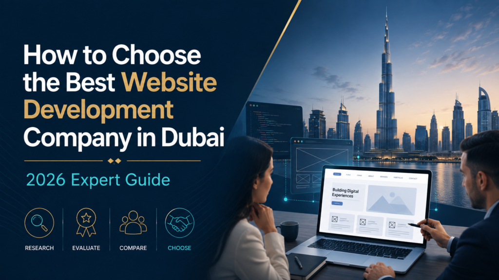 Website development company consultation in Dubai with laptop, web design interface, and Dubai skyline featuring Burj Khalifa.