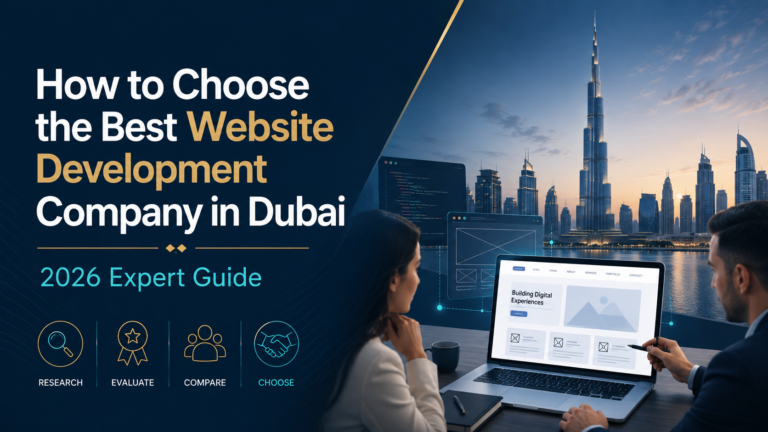 Website development company consultation in Dubai with laptop, web design interface, and Dubai skyline featuring Burj Khalifa.